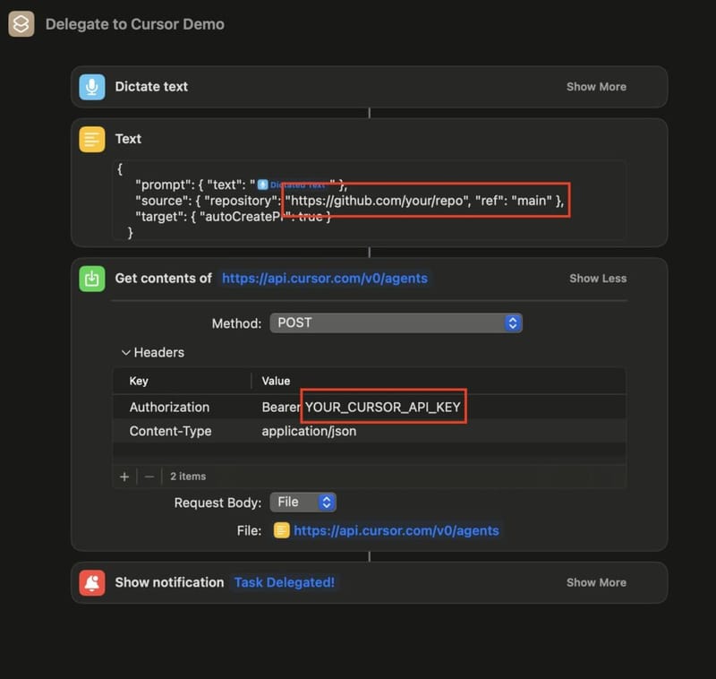 Apple Shortcuts automation titled Delegate to Cursor Demo with four steps: Dictate text, format a JSON prompt body, POST to the Cursor API at api.cursor.com/v0/agents with a Bearer token, and show a Task Delegated notification