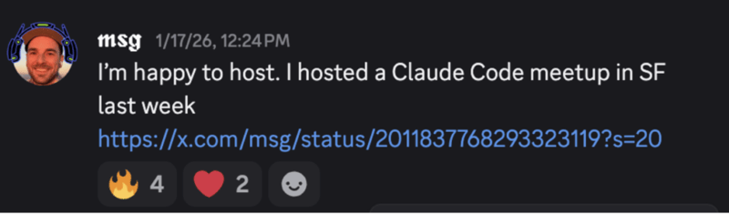 Slack message from Michael Galpert offering to host ClawCon, referencing a Claude Code meetup he organized in San Francisco the prior week