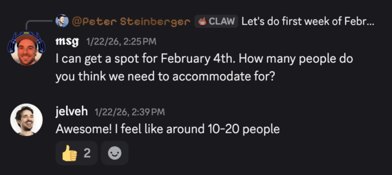 Group chat where Michael Galpert secures a February 4th venue for ClawCon and asks how many people to expect, with a reply estimating 10 to 20 attendees