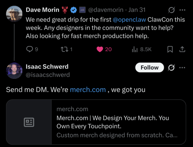 Tweet by Dave Morin seeking designers and merch help for the first ClawCon, with a reply from Isaac Schwerd of merch.com offering to assist