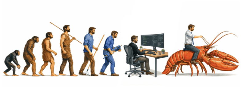Parody of the human evolution March of Progress illustration, ending with a figure riding a giant lobster instead of sitting at a desk