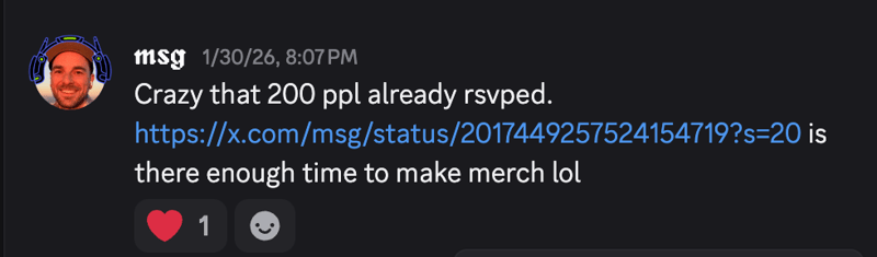 Slack message from Michael Galpert reacting to 200 ClawCon RSVPs and joking about whether there is time to produce merch