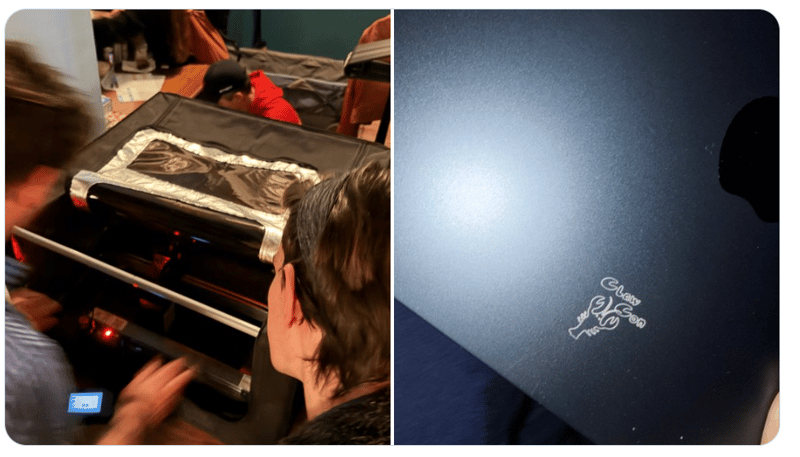 Left: attendees huddled around a claw machine at ClawCon; right: close-up of a laptop lid with a small logo sticker