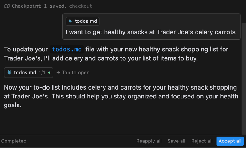 Cursor Composer panel showing a user prompt to add healthy snacks to todos.md and the AI response confirming celery and carrots were added to the Trader Joe's shopping list