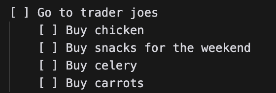 Cursor todos.md checklist showing a Go to Trader Joes task with four sub-items: Buy chicken, Buy snacks for the weekend, Buy celery, and Buy carrots