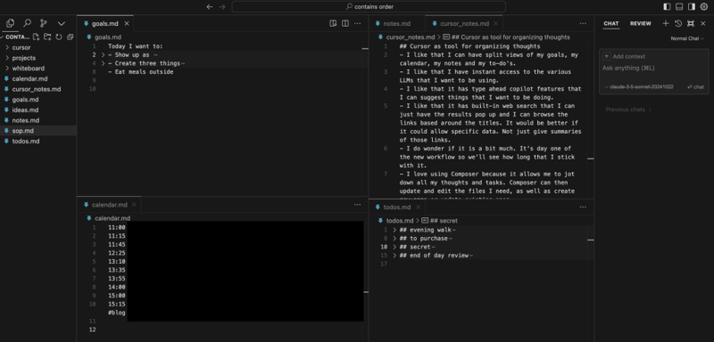 Cursor editor with goals.md, calendar.md, todos.md, and cursor_notes.md open in split view alongside the Cursor AI chat panel