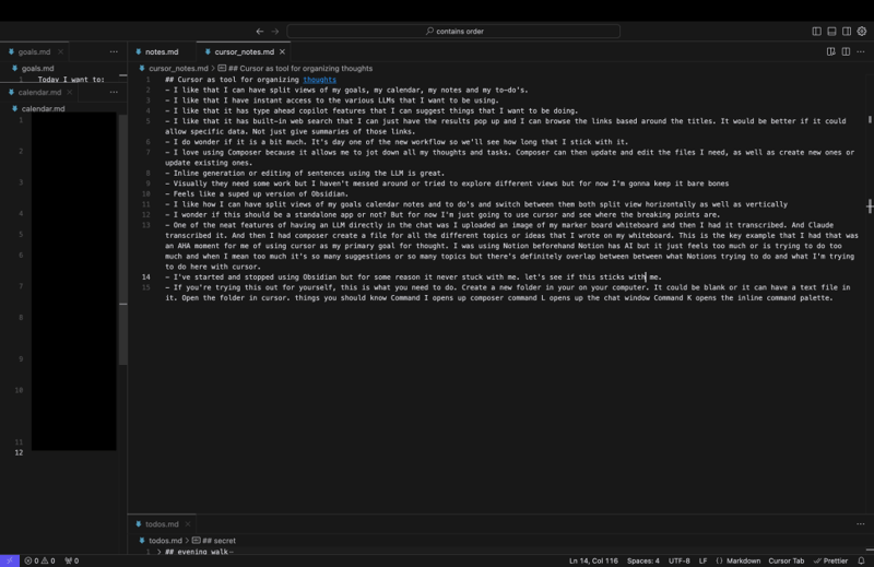 Cursor editor showing cursor_notes.md open with notes on using Cursor as a personal organization tool for goals, calendar, and to-dos