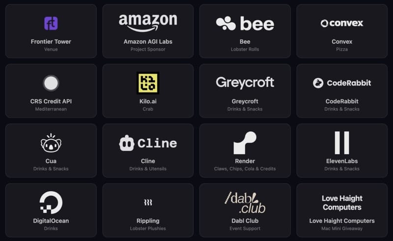 Grid of ClawCon sponsor logos on a dark background, including Amazon AGI Labs, Render, ElevenLabs, DigitalOcean, Rippling, and others with their sponsorship contributions listed